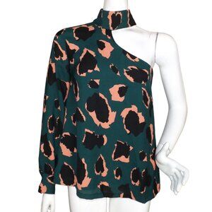 ELLIATT Top, S, One Shoulder, High Collar, Green Camo/Leopard, Long sleeve